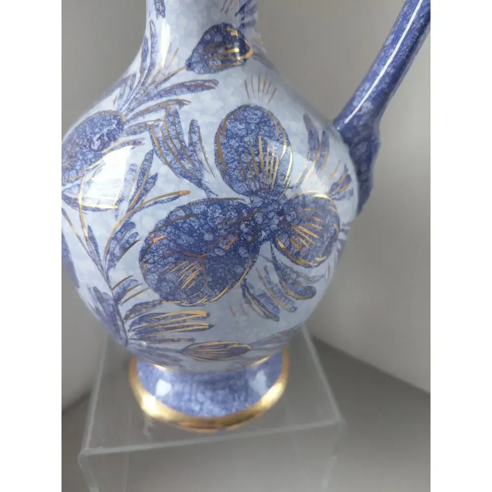 VTG Holland Pitcher Blue Gold Hand Painted Genie Bottle Handle Signed Capri MCM